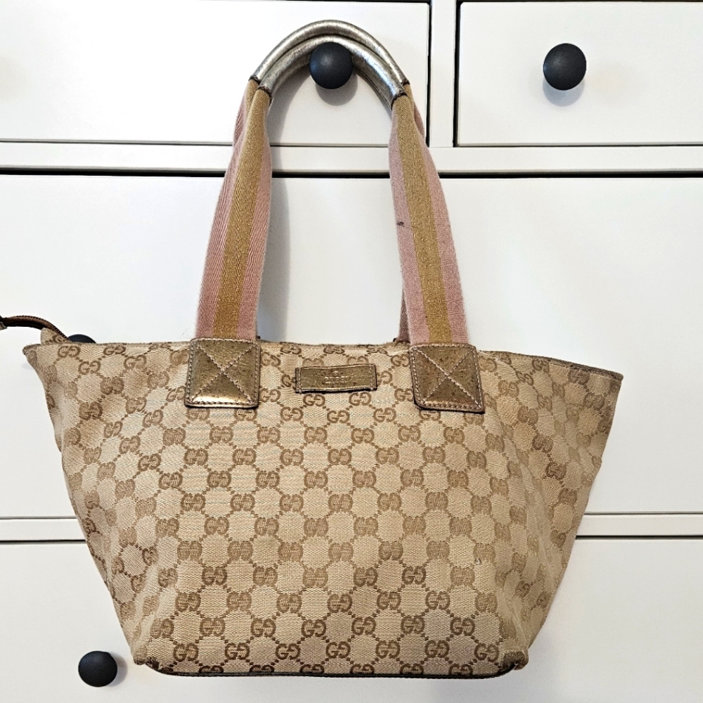 Gucci Tote Sherry Line Pink/Tan Webbing - Picture 1 of 10